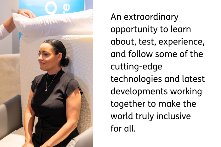 A photo of a delegate receiving a product demonstration for a chair bed in the exhibition hall. Accompanying text reads: An extraordinary opportunity to learn about, test, experience, and follow some of the cutting-edge technologies and latest developments working together to make the world truly inclusive for all.