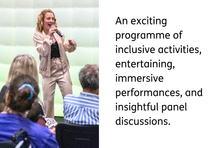 Comedian Eva Abley on stage performing a stand-up routine. you can see delegates in the audience. Accompanying text reads: An exciting programme of inclusive activities, entertaining, immersive performances, and insightful panel discussions.