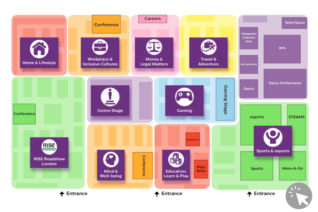 A graphic representation of the floorplan at Disability Expo 2024. Coloured boxes represent the various priority action areas of the event, the location of conferences and other features of the event.